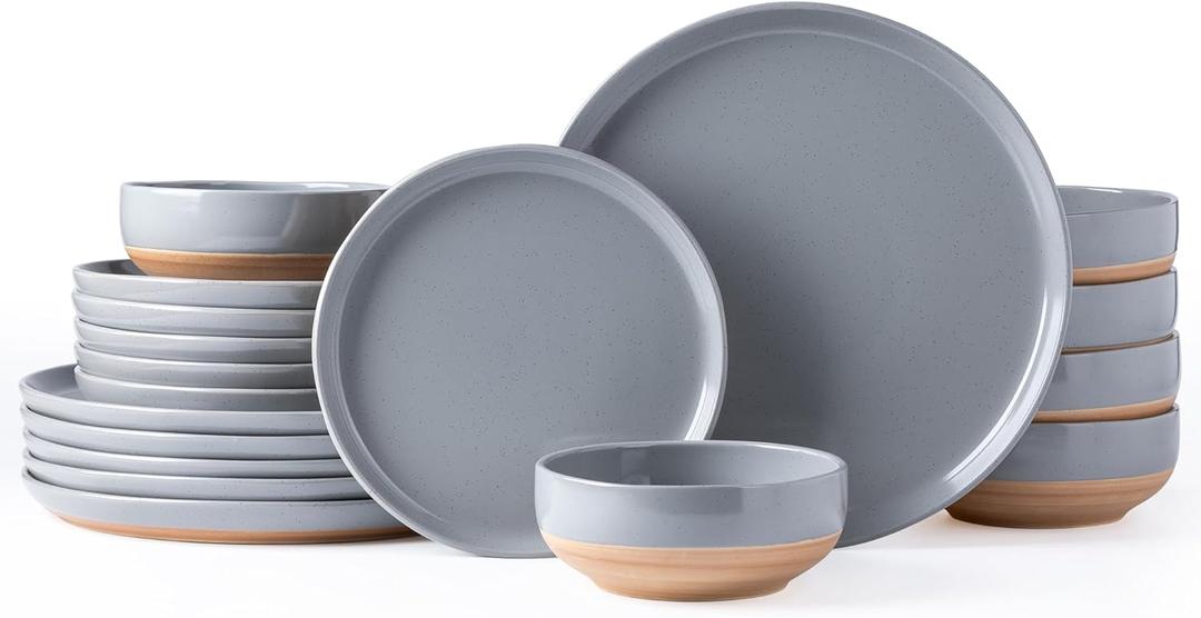 AmorArc Ceramic Dinnerware Sets for 6, 18 Pieces Handpainted Plates and Bowls Set with Rustic Terracotta Underside, Scratch Resistant Stoneware Dishes Set, Dishwasher & Microwave Safe, Gray (Limestone)