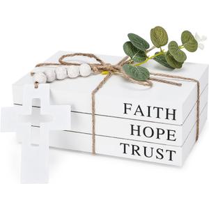 Decorative Faux Books for Farmhouse Decor - Wooden Fake Books for Home, Faith Hope Trust