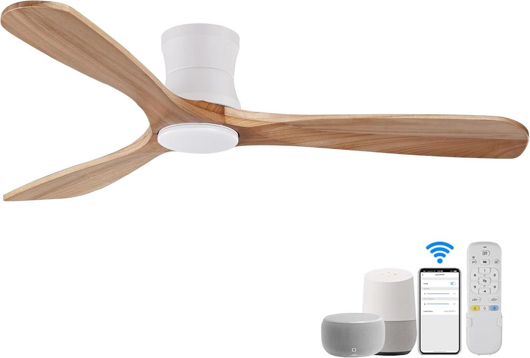 Hoenofly Smart 52 Wood Flush Mount Ceiling Fans with Lights and Remote,Quiet DC Motor,Outdoor Indoor Ultra Low Profile Ceiling Fan works with Alexa WIFI APP,Modern White Ceiling Fan for Bedroom Patio
