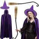 Jiuguva 3 Pcs Halloween Witch Costume - Unisex Velvet Hooded Cloak, Wizard Broom, Hat for Adult Cosplay Party (Purple)