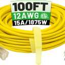 100 ft 12/3 Outdoor Extension Cord Waterproof Heavy Duty with Lighted Indicator End 12 Gauge 3 Prong, Flexible Cold-Resistant Long Power Cord Outside, 15Amp 1875W SJTW Yellow ETL Listed