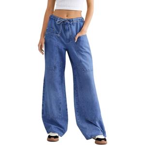 Cicy Bell Womens Wide Leg Jeans Vintage Mid Rise Baggy Boyfriend Belted Denim Pants with Pockets (Blue)