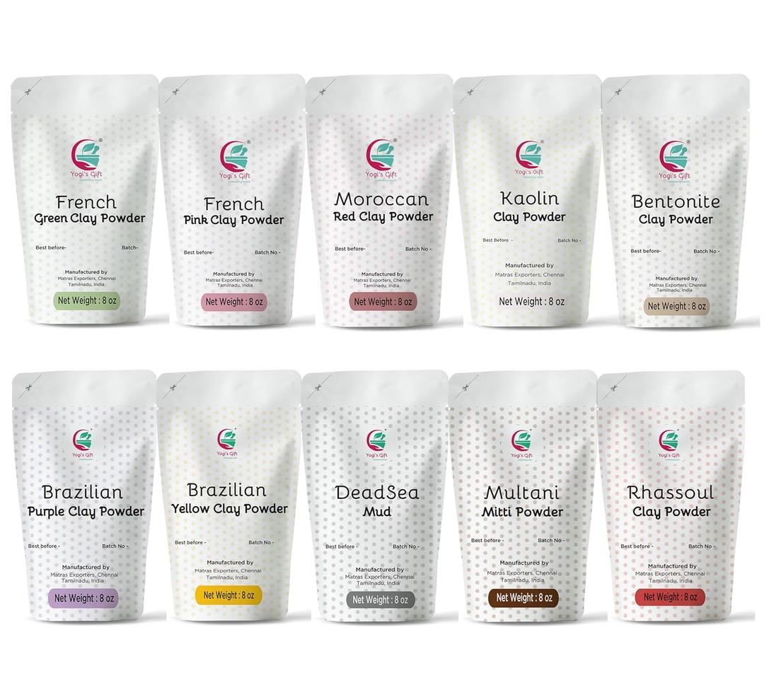 Pack of 10 Clays for Mask Making & Soap Making | Face Mask Ingredient | Best Value Pack of Colourful Clays | 8oz Each | Variety Pack for DIY Projects | by Yogis Gift