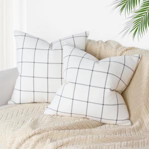 Basic Model Cotton Plaid Pillow Covers 18x18 Inch Set of 2 Decorative Farmhouse Plaid Cotton Pillowcases Soft Cotton Plaid Cushion Covers for Sofa Couch, Off White