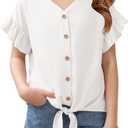 Girls Ruffle Short Sleeve Shirts V Neck Tie Front Knot Tops Button Cute Tunic Shirts Blouse, 160