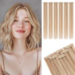 Rich Choices Real Human Hair Clip In Extensions-6 Pcs Single Clip Design-Invisible Clip in Extensions for Thin Short Hair-Hairpieces for Women-10 Inches #12P613 Golden Brown Highlighted Bleach Blonde