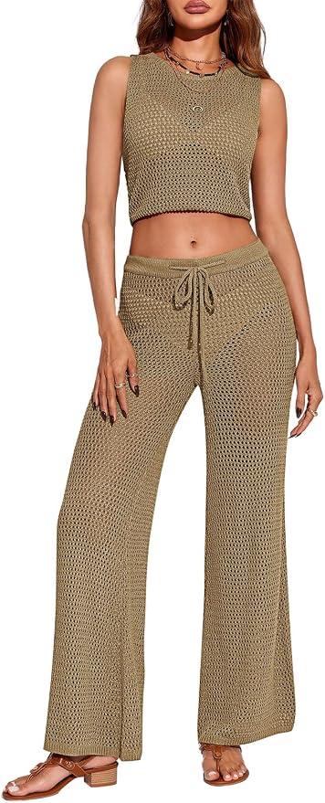 Saodimallsu Women's 2 Piece Crochet Swimsuit Cover Up Sleeveless Crop Top Drawstring Long Pants Set Beach Outfits, Medium