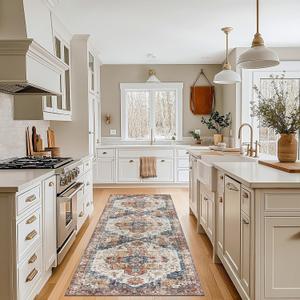 3x12 Hallway Washable Runner Rug : Vintage Soft Kitchen Bathroom Laundry Runner Non Slip Backing Farmhouse Entryway Floor Mat Stain Resistant Carpet for Bedroom Living Room Distressd Beside Rug Orange