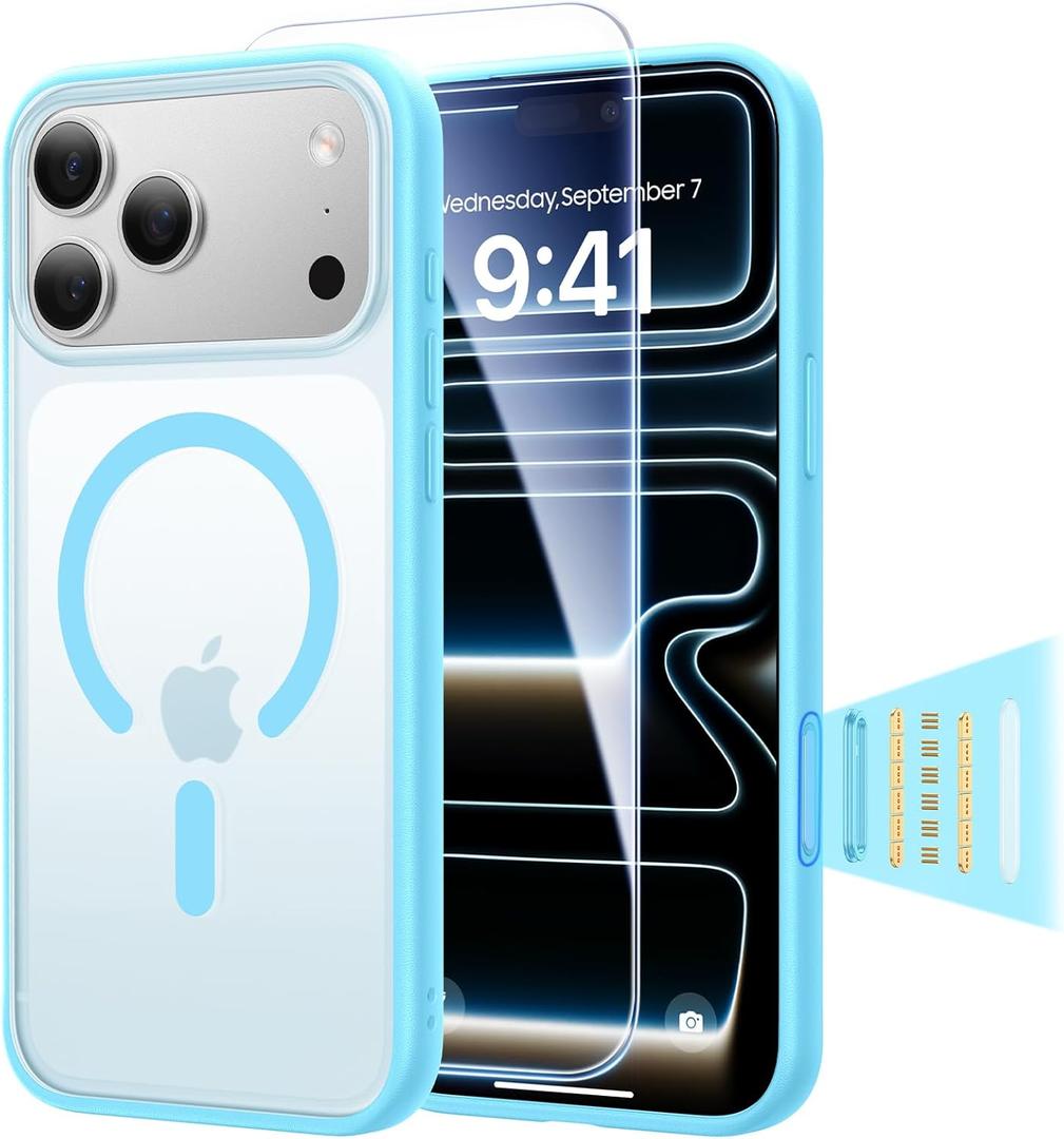 3 in 1 Magnetic Shockproof for iPhone 17 Pro Max Case, [Fit for MagSafe] [TOP Military Protection] 1X Screen Protector+1X Wrist Strap, Camera Control Cover for iPhone 17 ProMax Translucent Sky Blue