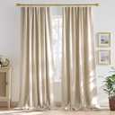 RYB HOME Natural Linen Blend Boho Farmhouse Curtains 2 Panels, Semi Sheer Light Filtering Beige Burlap Privacy Drapes with Vertical Striped Embroidery for Dining Room Office, W52 x L84