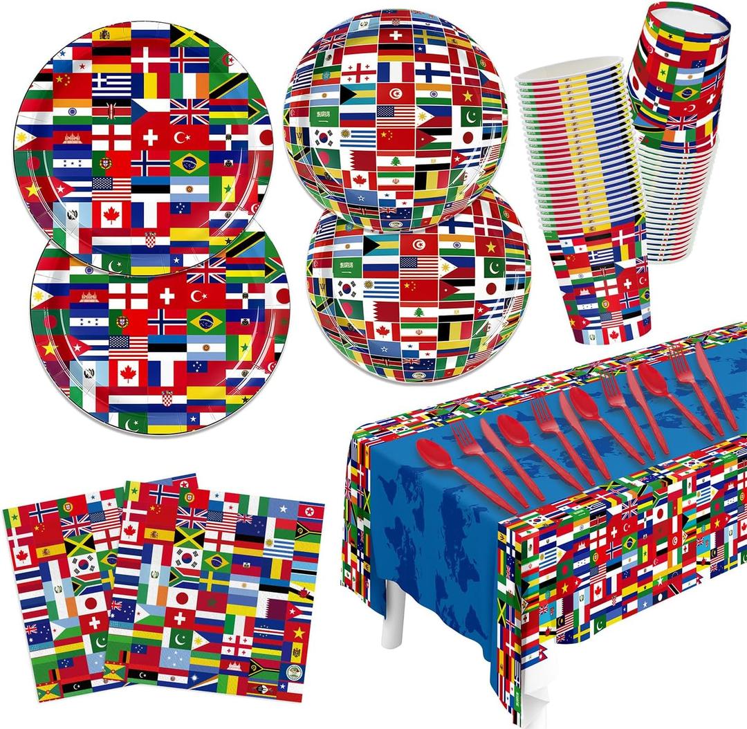 141Pcs World Cup Party Decorations 2026 Soccer Party Supplies Collect International Flags Decorations for Around the World party decorations Cutlery Paper Plates, Napkins, Cups, Tablecloth
