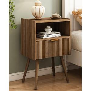 JOONEE Nightstand,Modern Bedside Table with Storage Drawer and Open Wood Shelf, for Living Room, Bedroom and Small Spaces, Accent Night Stand with Solid Wood Legs, Easy Assembly,Walnut Brown