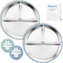 Bakpoco Stainless Steel Toddler Plate with Suction 2Pack, 9 Divided Kids Plates with Silicone Suction for Baby Self Feeding, Non Toxic Non Slip Unbreakable Snack Dishes Dinnerware Set, Blue & Sage, 9" Round
