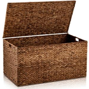 Wonderjune 36 x 20 x 18.5 Inch Water Hyacinth Wicker Storage Trunk with Metal Frame, Heavy Duty Storage Chest with Lid Large Rattan Basket for Blankets, Seasonal Clothes, Extra Bedding (Brown)