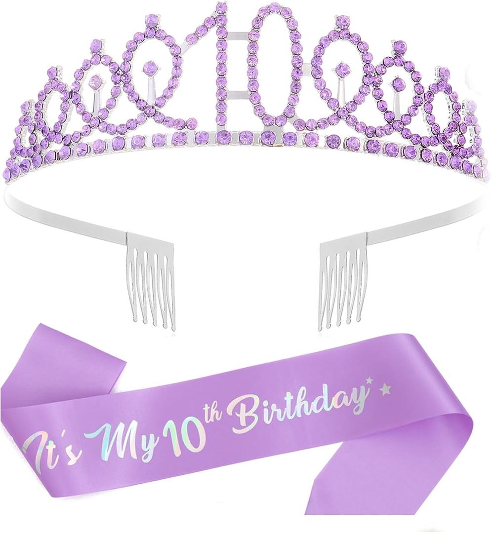 10th Birthday Decorations for Girls,Purple Headband & Glitter Sash Set for 10 Year Old Girl Birthday Decoration(Purple)