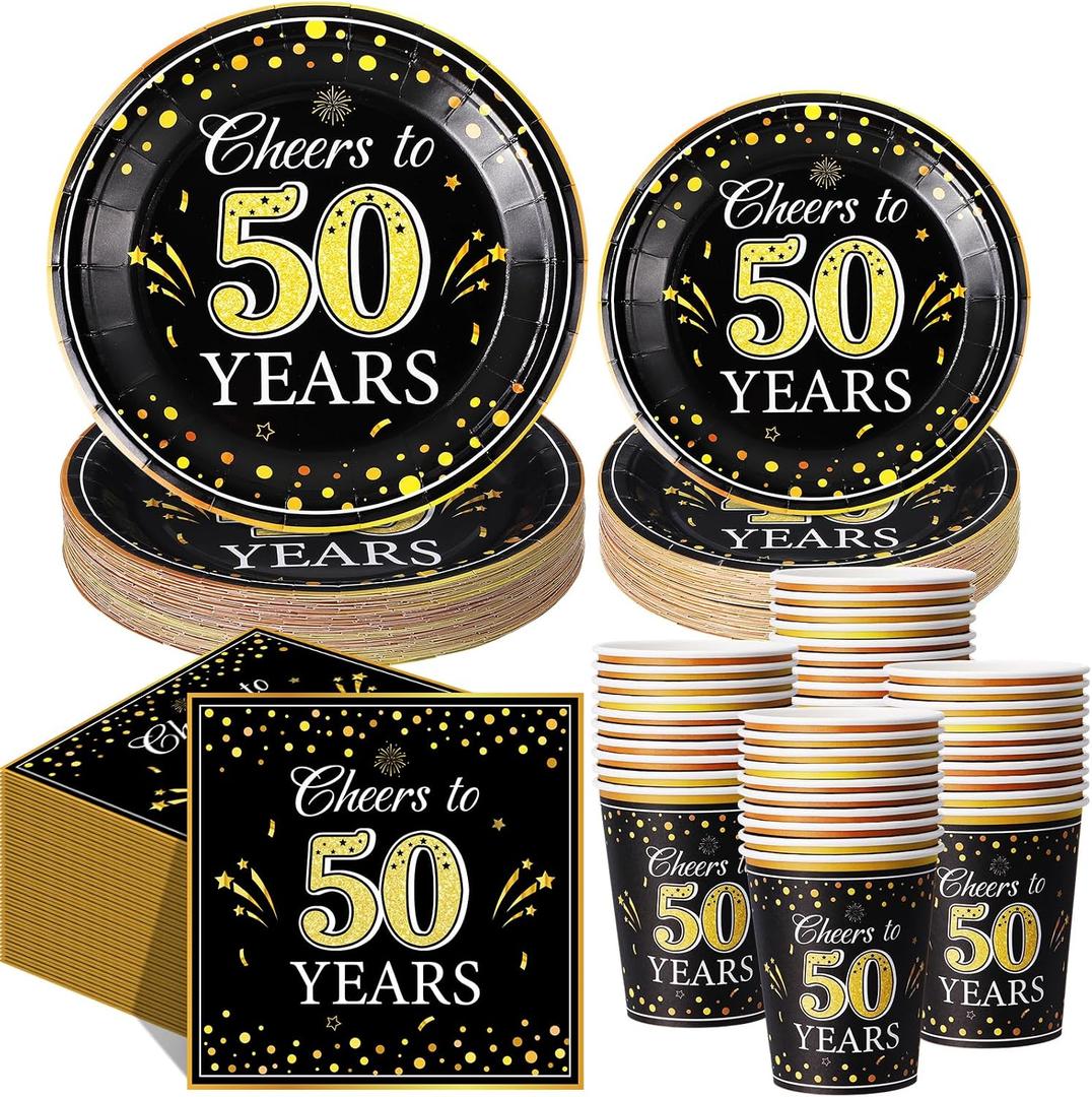 Pickmesh 250 Pcs 50th Birthday Party Supplies Decorations Serve 50 Black Gold Cheers to 50 Years Disposable Paper Plates Napkins and Cups for Women Men 50th Birthday Wedding Anniversary Party Supplies, approx. 9 inches
