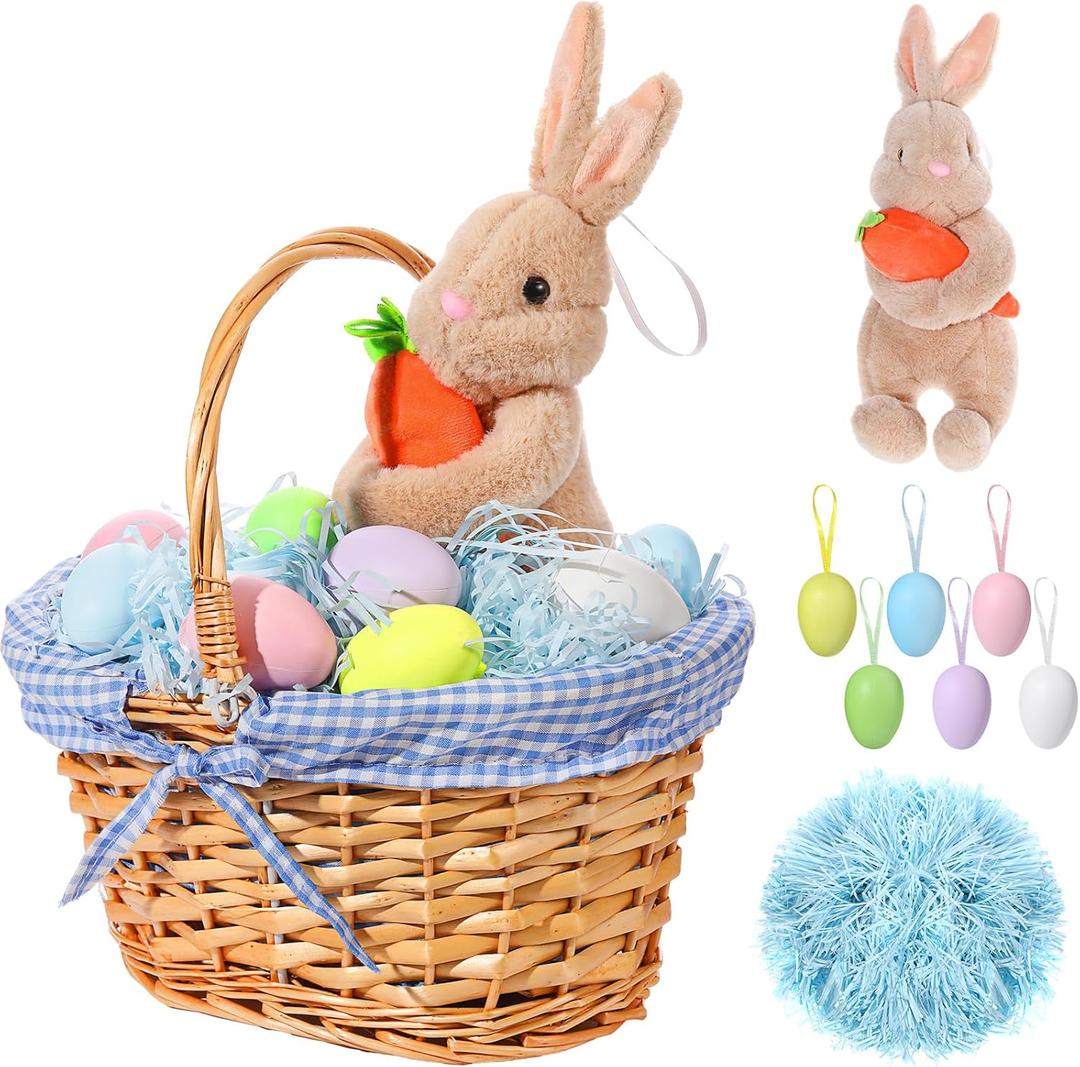 SiliFine Easter Bunny Gift Basket, Include Wicker Basket with Liner Gingham, Easter Plush Bunny Rabbit, Easter Eggs, Raffia Paper Grass, Easter Gifts for Picnic Party Decoration(Blue)