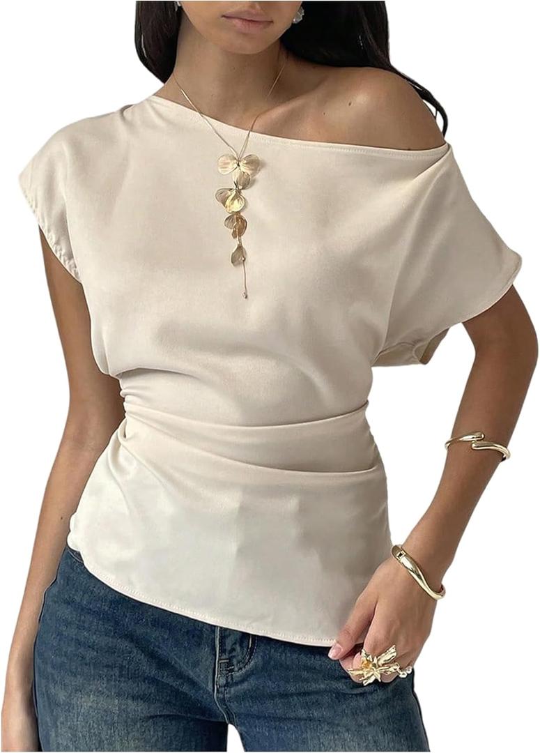MakeMeChic Women's Asymmetrical Neck Blouse Ruched Short Sleeve Dressy Tops (S)