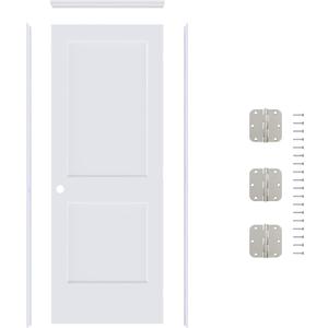 JUBEST 32"x80" Left-Hand Prehung Interior Door with Knock Down Jamb Kit & Satin Nickel Hinges, 2-Panel White Primed Hollow Core Molded Door Slab with Bore & Hinge Cutout, Durable & Sturdy, No Handle