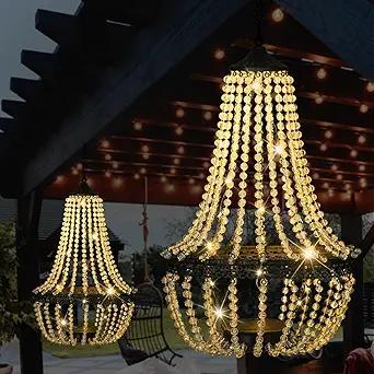 Hanging Solar Chandelier Outdoor, 30 Warm White Lights Acrylic Clear Beaded Chandelier with S Hooks Modern Lantern for Garden Yard Patio Gazebo Decorations, 28”H