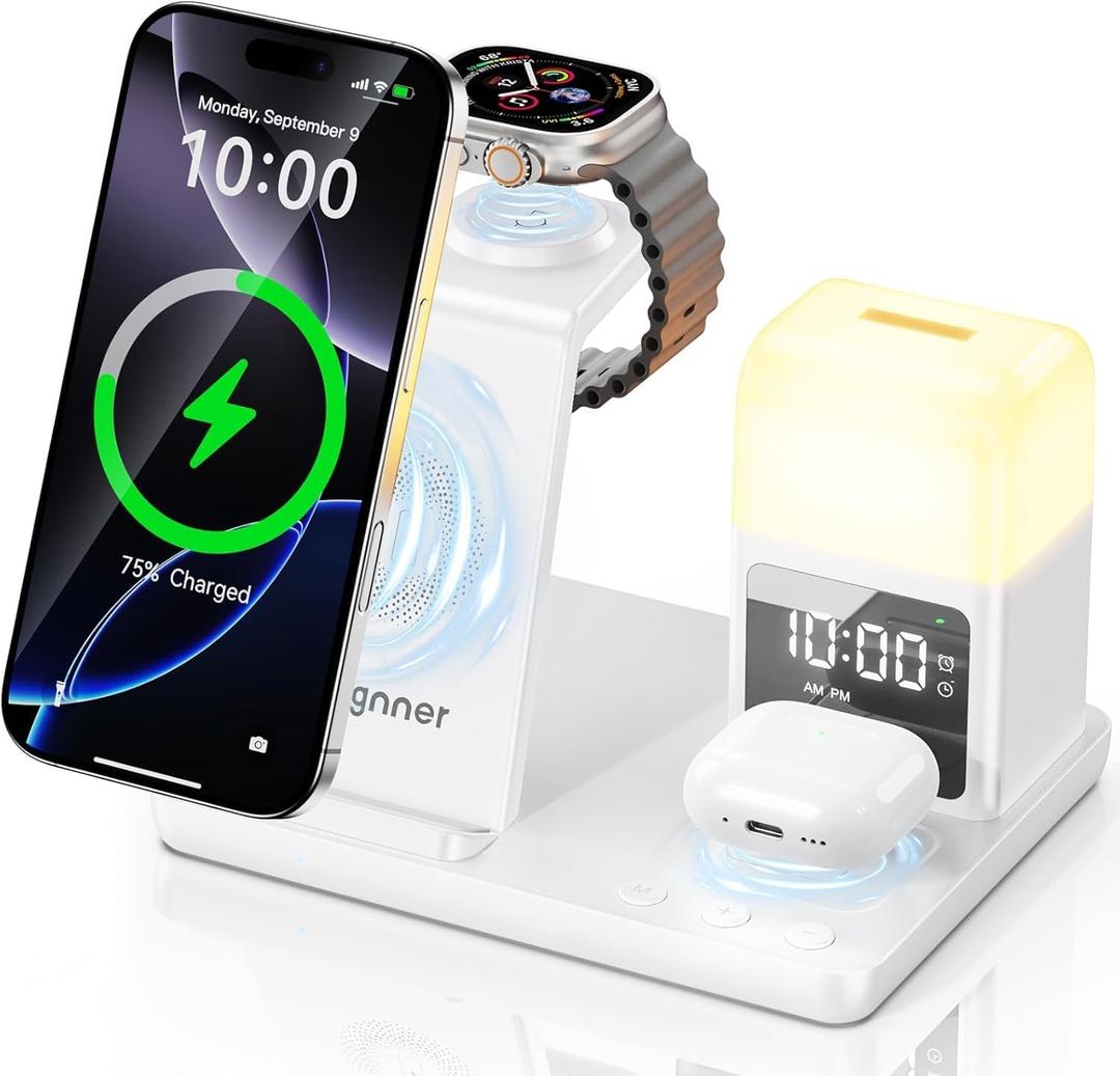 6 in 1 Wireless Charging Station with Clock & Night Light，Alarm Clocks for Bedrooms,Wireless Charger Stand with Beside Clock for iPhone 18/17/16/15/14/13/12 Pro Max, Apple Watch,Airpods (White)