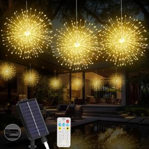 Solar Firework Lights Outdoor, 600 LED Starburst Light Outdoor with USB Rechargerable, 8 Modes Waterproof Solar Hanging Lights for Gazebo Yard Party Wedding Decorations (Warm White, 600 LED) (3 Pack)