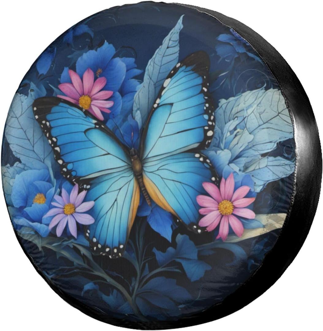Dujiea Blue Butterfly Flower Spare Tire Cover, Universal Wheel Tire Cover Dust-Proof Tire Protectors for Trailer Rv Van SUV Truck Camper and Many Vehicle 14 15 16 17 Inch