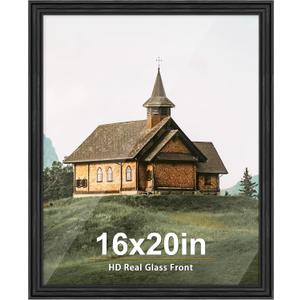 PEALSN 16x20 Picture Frame with Real Glass Front and Black Backboard, Display Pictures 11x14 with Mat or 16 x 20 without Mat, Wall Gallery Photo Frames for Wall Mounting