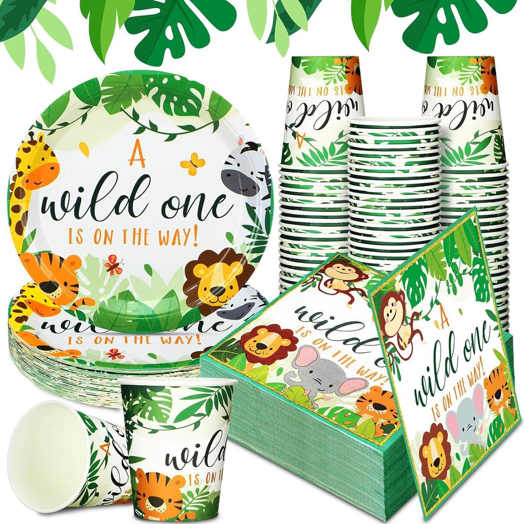 200 Pcs Jungle Safari Baby Shower Paper Plates Napkins Cups Baby Shower Party Supplies Tableware Set Jungle Animal Disposable Cup Napkin for 50 Guest Girls Spring Party Decoration (Green)