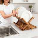 Utoplike Large Teak Dish Drying Rack, Wood Collapsible Organizer for Plates, 3 Tier-Large