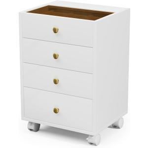 JanlyHome Under Desk Storage, Small Chest of 4 Drawers, Home Office Vertical File Cabinet with Glass Top, Mobile Printer Stand with Lockable Wheels for Home Office Study, White