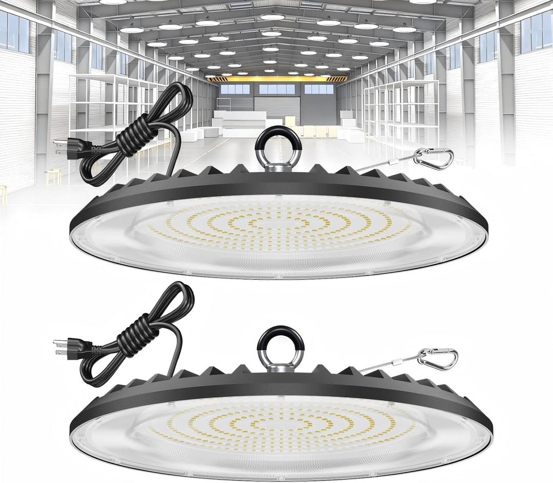 200W UFO LED High Bay Lights, 5000K 30000LM AC100-277V High Bay LED Shop Lights IP65 with 5ft US Plug for Warehouse Workshop Barn Garage - 2Pack