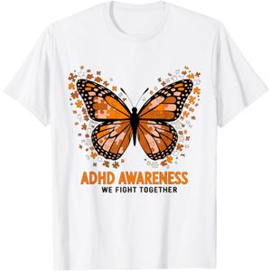 ADHD Awareness Month ADHD Orange Butterfly Neurodiversity T-Shirt