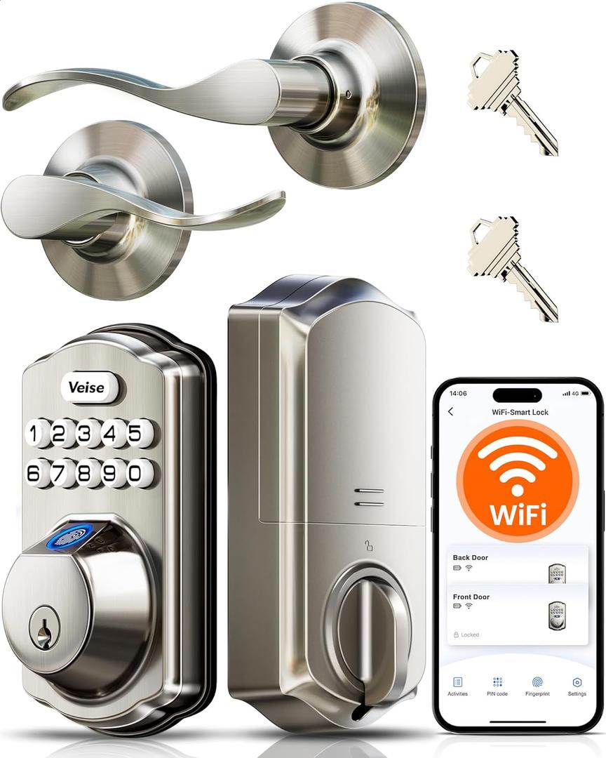 Veise VE012W-B Wi-Fi Fingerprint Smart Lock with Handle Set, Remote App Control, Keyless Entry Front Door Lever, Built-in WiFi No Hub Needed, Backlit Keypad Deadbolt, Auto-Locking, Satin Nickel