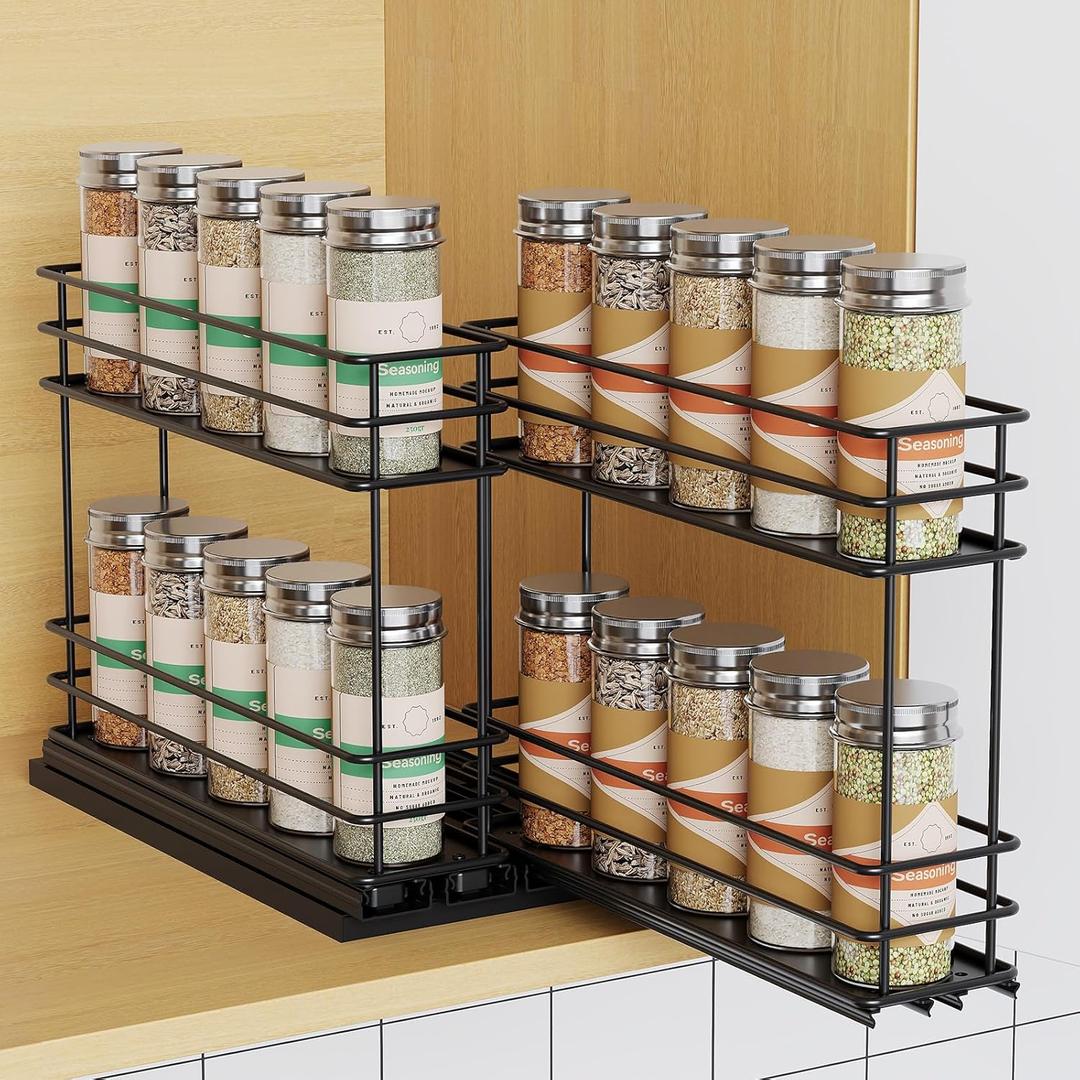 Pull Out Spice Rack Organizer for Cabinet, Slide Out Spice Racks, Easy to Install Spice Cabinet Organizer, 2.75''Wx10.35''Dx8.26''H, 2 Drawers 2 Tiers(Black (2 Pack in 1 Base(2.75''))