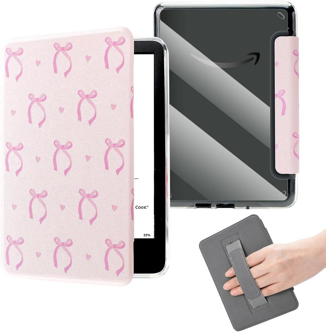 Pink Bows Clear Case Fits 6 Inch Kindle 11th Generation(2022/2024),6" Ultra Slim Book Cover with Hand Strap,Pink Protective Case Basic Kindle Accessories Auto Wake/Grip/Holder