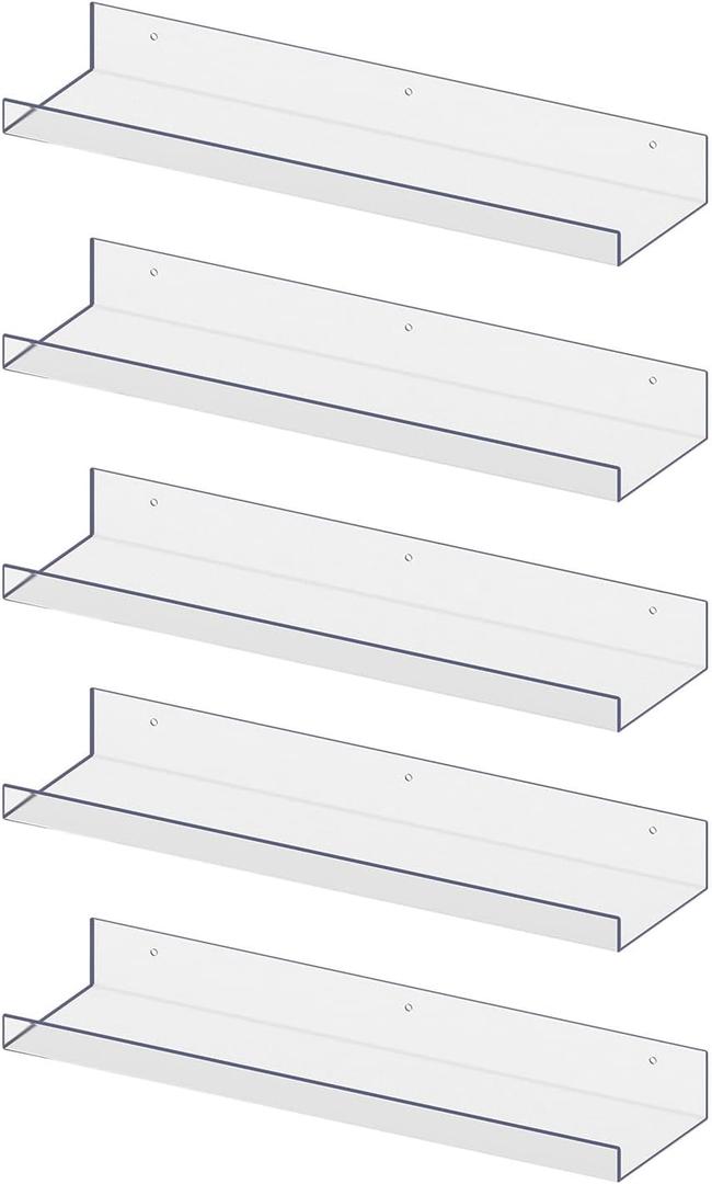 RLAVBL Pack of 5 Acrylic Shelves, 15" Floating Wall Shelves for Bedroom, Living Room, Bathroom, Kitchen Storage