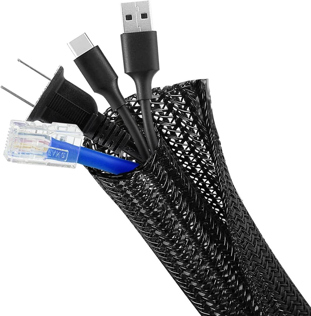 ELECFUN 8ft - 1/4 inch Cable Management Sleeve Cord Protector, Split Wire Loom for USB TV Computer, Braided Wire Cover Hider Organizer Tubing Protect Cat Dog from Chewing, Black