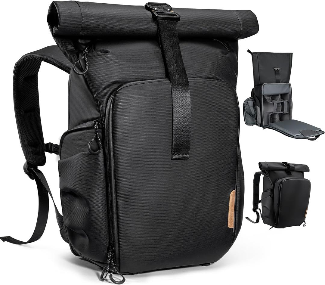 K&F CONCEPT Camera Backpack, Camera Bag with 15.6 Inch Laptop Compartment, Roll Top&Front Pocket Expandable Camera Backpack with Side Access for Photographers