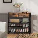 Shoe Rack, 4 Tier Shoe Storage Organizer with 2 Drawers, 12-16 Pairs of Shoes, Metal Shoe Storage Shelf with 3 Oxford Fabric Shelves and Wooden Top, Shoe Stand for Closet Entryway, Rustic Brown