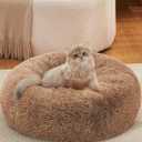 OhGeni Calming Donut Cat Bed Pillow for Small Pets, Machine Washable Removable Cover, Comfort Plush Fluffy Faux Fur with Anti-Slip Bottom, Dogs-Friendly Round Cuddly Design, Ocher, 20 inches