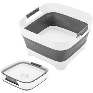 Collapsible Dish Basin 2.4Gal/9L, Foldable Sink with Drain Plug & Non-Slip Base for Kitchen, Camping, Baby Care (Gray)