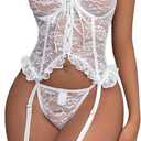 Women Lingerie Sexy Floral Lace Lingerie Set 3 Piece Bodysuit Teddy Outfit with Bustier G-string and Stockings (White, XL)
