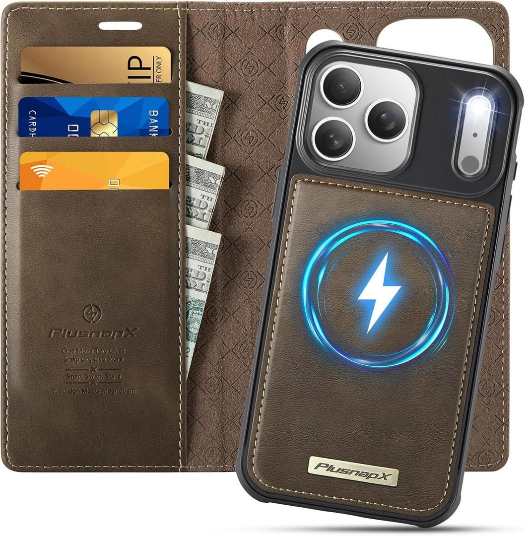 Wallet Case for iPhone 17 Pro Max Compatible with Magsafe, 2-in-1 PU Leather Flip RFID Blocking Card Holder Stand Shockproof Magnetic Detachable Cover for iPhone 17 Pro Max Case 6.9", Brown