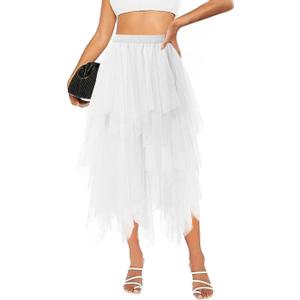 Tulle Skirts for Women Midi Long Tutu Skirt A-Line Mesh Layered Fairy Trendy High Elastic Waist Halloween Skirts (White)
