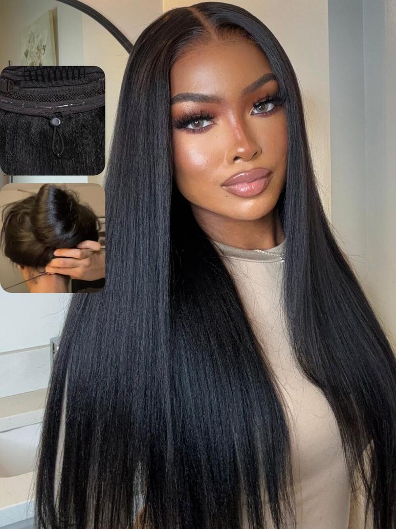 UNICE Bye Bye Knots Wig Yaki Straight 7x5 Pre Cut HD Lace Front Wigs Human Hair with Elastic Drawstring Glueless Wig Human Hair Pre Plucked Bleached Knots Natural Hairline 150% Density 22 inches