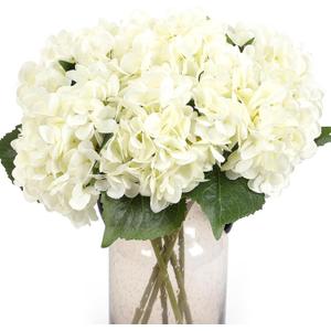 Kimura's Cabin 6Pcs Fake White Hydrangea Flowers Artificial Silk Hydrangeas with Stems Faux Hydrangea Bouquets for Home Wedding Party Table Core Decoration (White, Pack of 6)