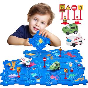 hahaland Puzzle Racer Kids Car Track Set-3 Year Old Boy Toys Dinosaur Jigsaw Puzzle Track Car PlaySet Kids 3-5 Car & Airplane Children's Educational Puzzle Track Car Learning Toys Birthday Day Gifts