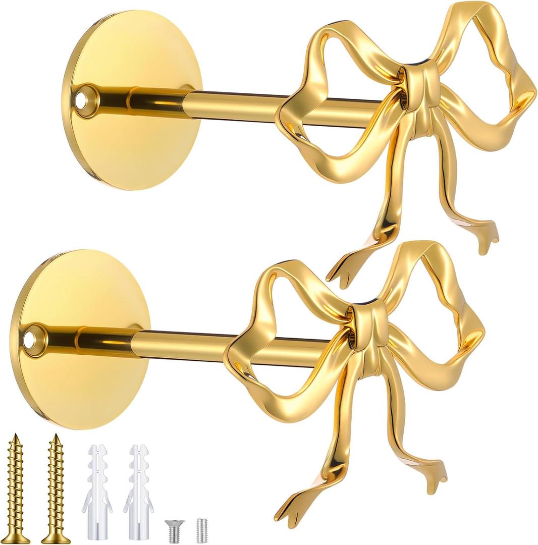 Blulu 2 Pcs Metal Bow Curtain Holdbacks Gold Wall Mounted Bow Curtain Hold Backs Curtains Modern Gold Holders for Living Room Bedroom Office Home (3.67 x 2.64 Inches)