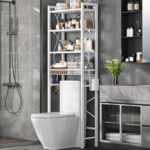 Salakita Over-The-Toilet Storage Rack, 4-Tier Bathroom Organizer Shelf Over Toilet with Adjustable Shelf and Basket, Freestanding Space Saver Bathroom Shelves Above Toilet for Room (Pure White)